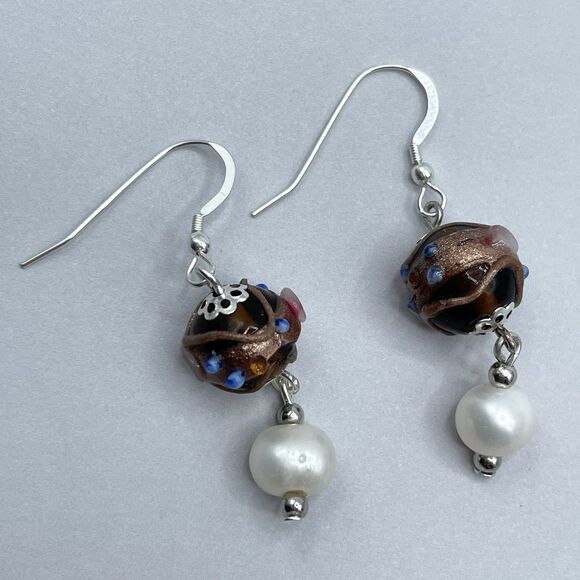 Artisan 925 Sterling Silver Freshwater Pearl Murano Wedding Cake Dangle Earrings - Picture 2 of 7